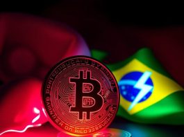 Bitcoin e bandeira do Brasil com raios e fundo vermelho ao lado do BTC e azul na bandeira do Brasil