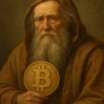 Pintura de ancião com bitcoin