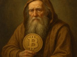 Pintura de ancião com bitcoin