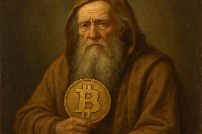 Pintura de ancião com bitcoin