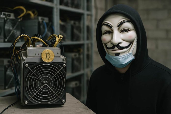 Mineradora de bitcoin ASIC com Anonymous ao lado